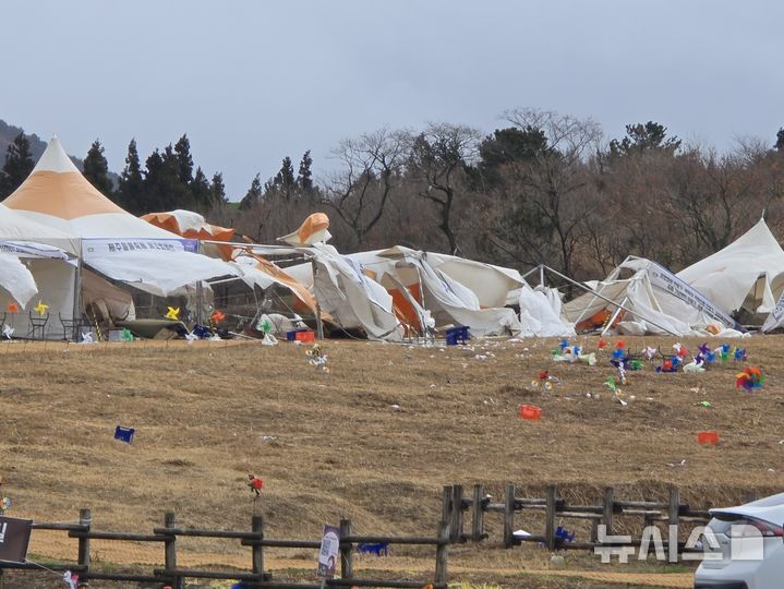 [제주=뉴시스] 15일 제주시 애월읍 새별오름 일대 제주들불축제 현장에 강풍이 불면서 천막 등이 쓰러져 있다. (사진=제주시 제공) 2025.03.15. photo@newsis.com 