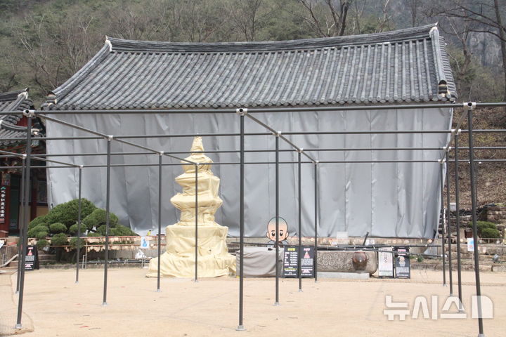[청송=뉴시스] 안병철 기자 = 27일 소방당국이 경북 청송군 주왕산국립공원에서 발생한 산불로부터 대전사를 지키기 위해 방어선을 구축하고 방염포를 설치했다. 사진은 대전사 보광전. 2025.03.27. abc1571@hnewsis.com 