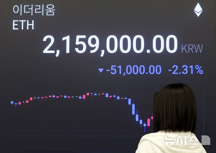 [서울=뉴시스] 이영환 기자 = 도널드 트럼프 미국 대통령발 관세 전쟁에 비트코인 가격이 7만5000달러선까지 하락한 9일 오전 서울 강남구 업비트 고객센터 전광판에 이더리움 시세가 표시되고 있다. 2025.04.09. 20hwan@newsis.com