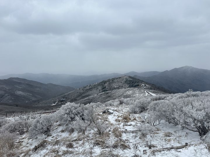 [구례=뉴시스] 전남 구례군에 대설주의보가 내려진 14일 오후 구례 지리산 노고단 일대에 눈이 쌓여 있다. (사진 = 지리산국립공원 전남사무소 제공) 2025.04.14. photo@newsis.com *재판매 및 DB 금지