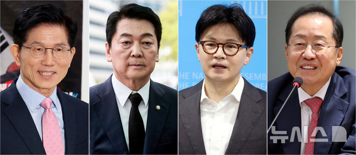 [서울=뉴시스] 조성우 기자 = 국민의힘이 22일 제21대 대통령 선거 후보자 선출을 위한 2차 경선 후보 4명을 확정했다. 2차 경선을 진출한 후보자는 김문수, 안철수, 한동훈, 홍준표 등 4명이다. 왼쪽부터 김문수 후보가 이날 여의도 캠프에서 청년 위한 3대 부동산 공약 발표 기자회견에 참석하고 있다. 안철수 후보가 명동대성당에 마련된 프란치스코 교황 빈소에 조문하고 있다. 한동훈 후보가 국회에서 정책 비전 발표를 마치고 취재진 질문에 답하고 있다. 홍준표 후보가 대한의사협회를 방문해 김택우 의협회장과 간담회를 하고 있다. 2025.04.22. xconfind@newsis.com
