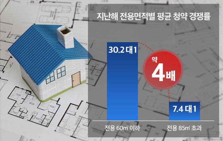 [서울=뉴시스] 지난해 전용면적별 평균 청약 경쟁률을 보면 전용 60㎡ 이하 소형 아파트의 평균 청약 경쟁률은 30.2대 1로, 85㎡ 초과 중대형 아파트(7.4대 1)보다 4배 이상 높다. 2025.05.06. (자료=부동산R114 제공) photo@newsis.com *재판매 및 DB 금지