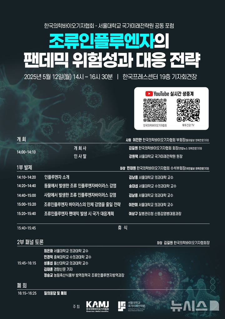 [서울=뉴시스]한국의학바이오기자협회는 서울대학교 국가미래전략원과 공동으로 오는 12일 오후 2시 서울 중구 한국프레스센터 19층 기자회견장에서 ‘조류인플루엔자의 팬데믹 위험성과 대응 전략’ 포럼을 개최한다. (사진= 한국의학바이오기자협회 제공) 2025.05.09. photo@newsis.com. 