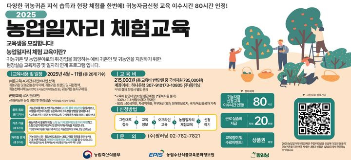 [세종=뉴시스] 농림수산식품교육문화정보원은 귀농·귀촌 희망자 대상 이론·실습 교육 프로그램인 '2025년 농업 일자리 체험 교육' 참가생을 모집한다고 14일 밝혔다. (사진=농정원 제공) 2025.05.14. photo@newsis.com *재판매 및 DB 금지