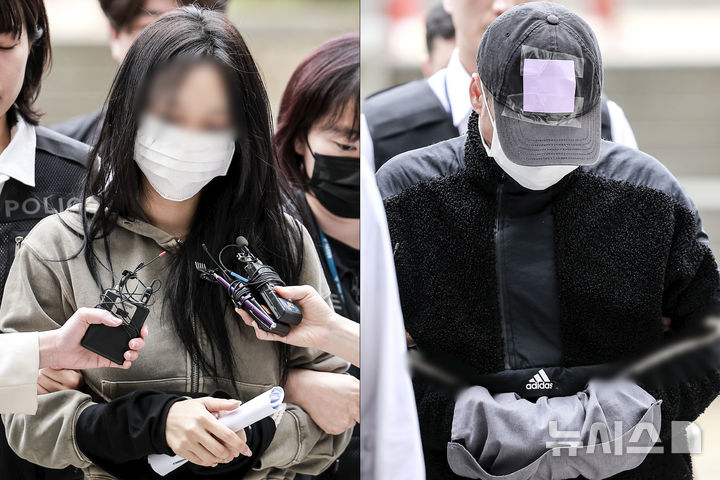 [서울=뉴시스] 정병혁 기자 = 잉글랜드 프로축구 프리미어리그 토트넘 홋스퍼 주장 손흥민을 상대로 허위 임신을 주장하며 금품을 요구한 혐의를 받는 20대 여성 양 모 씨와 40대 남성 윤 모 씨가 17일 서울 서초구 서울중앙지방법원에서 열린 영장실질심사에 출석하고 있다. 2025.05.17. jhope@newsis.com
