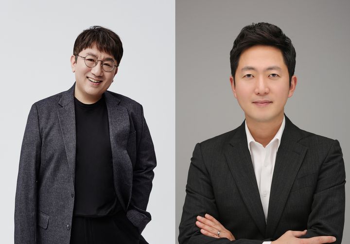 [서울=뉴시스] 방시혁 하이브 의장(왼쪽), 이재상 하이브 대표. (사진 = 하이브 제공) 2025.05.20. photo@newsis.com *재판매 및 DB 금지