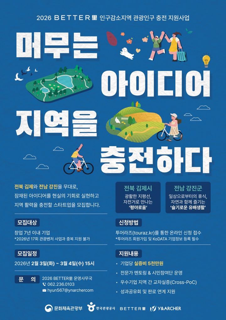 김제·강진 활력 충전…문체부·관광공사, 배터리 스타트업 공모