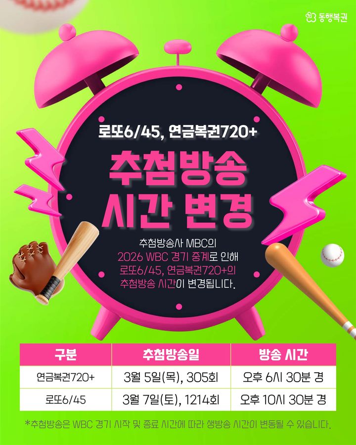 WBC 중계 영향…연금복권·로또 추첨 생방송 시간 변경