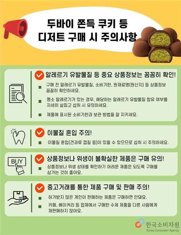 두쫀쿠 먹을때 알러지·치아손상 조심하세요…소비자원 안전주의보