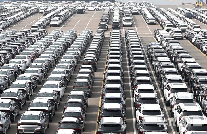 선적 기다리는 수출용 자동차