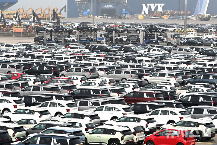 선적 기다리는 수출용 자동차