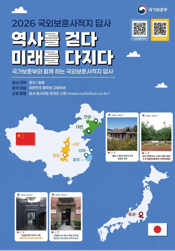 보훈부, 중·고생 대상 中·日 사적지 답사 참가자 모집…항공·숙박 지원