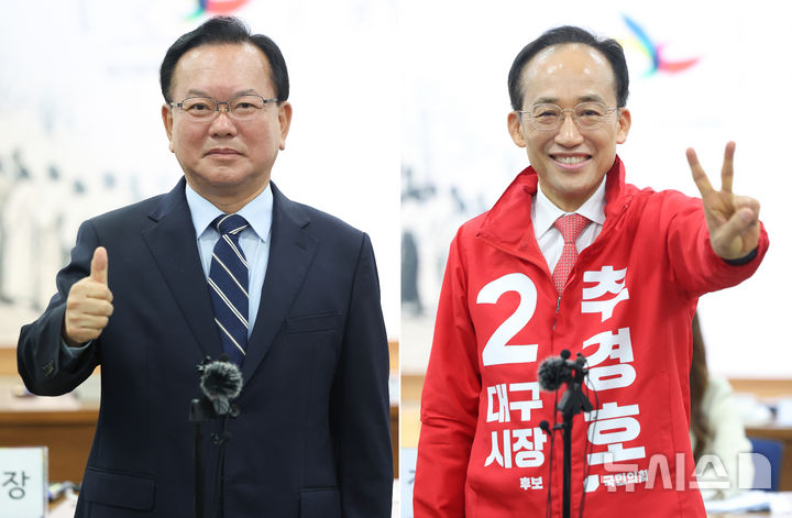 '대구시장 출마' 김부겸-추경호, 나란히 후보 등록 마쳐 [뉴시스Pic]