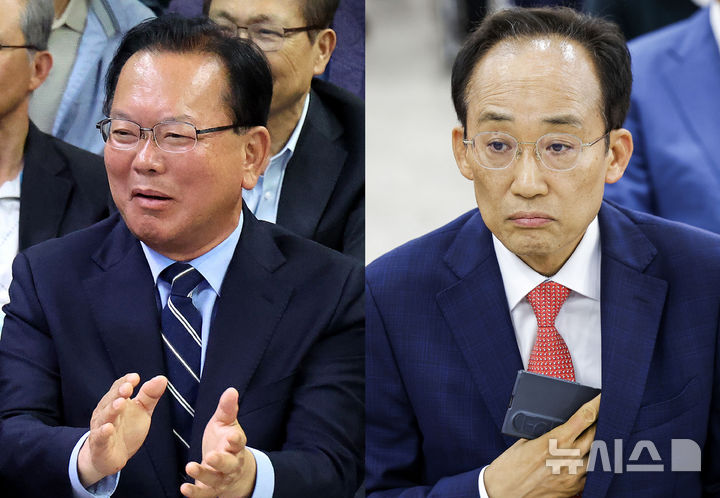 '대구시장 초박빙' 출구조사 결과 확인하는 김부겸-추경호 [뉴시스Pic]
