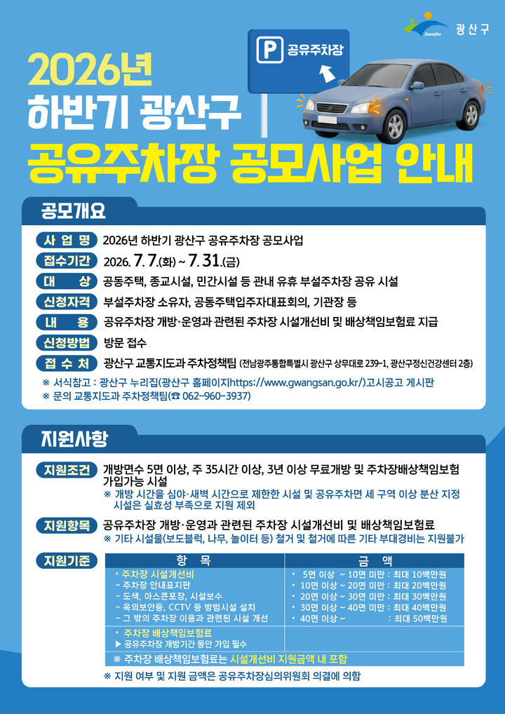 [전남광주소식]광산구, 공유주차장 참여 시설 추가 모집 등