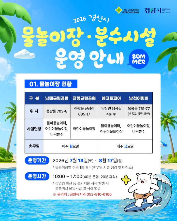 경산시, 물놀이장 4곳 개장…18일~8월17일 무료 운영