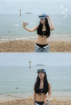 진지희, 검은 비키니 입고 해변 나들이…잘록 허리 눈길
