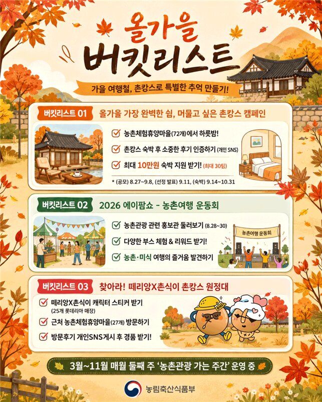 가을 '촌캉스' 떠나볼까…숙박비 최대 10만원 지원