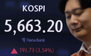 코스피 매수사이드카…4.5% 올라 5710선 넘겨