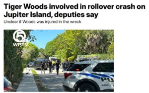 타이거 우즈, 세번째 차량 전복 사고…"심각한 부상 아냐"